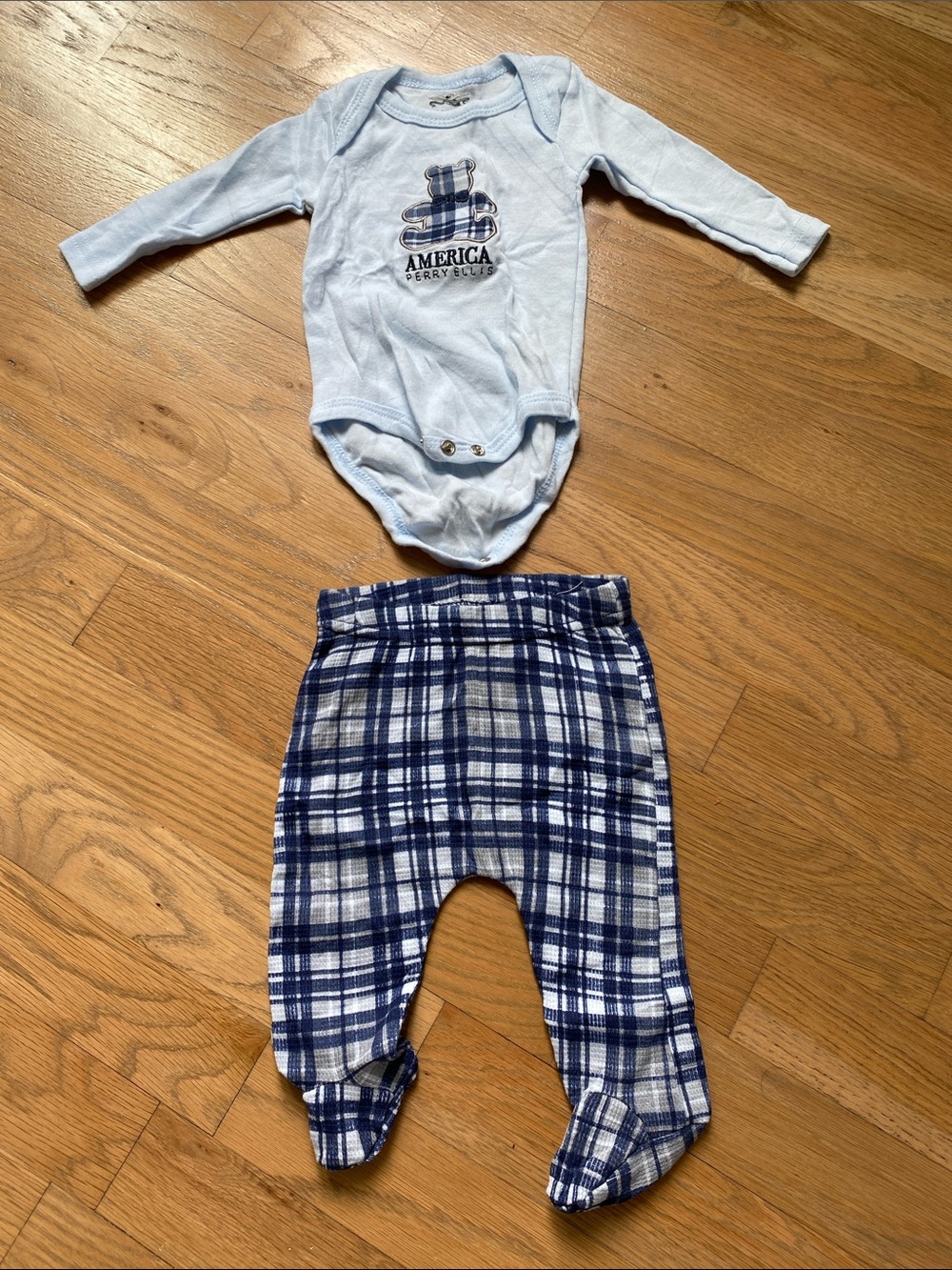 Perry Ellis America 3M Light Blue Baby Onesie & Navy Plaid Footed Pants